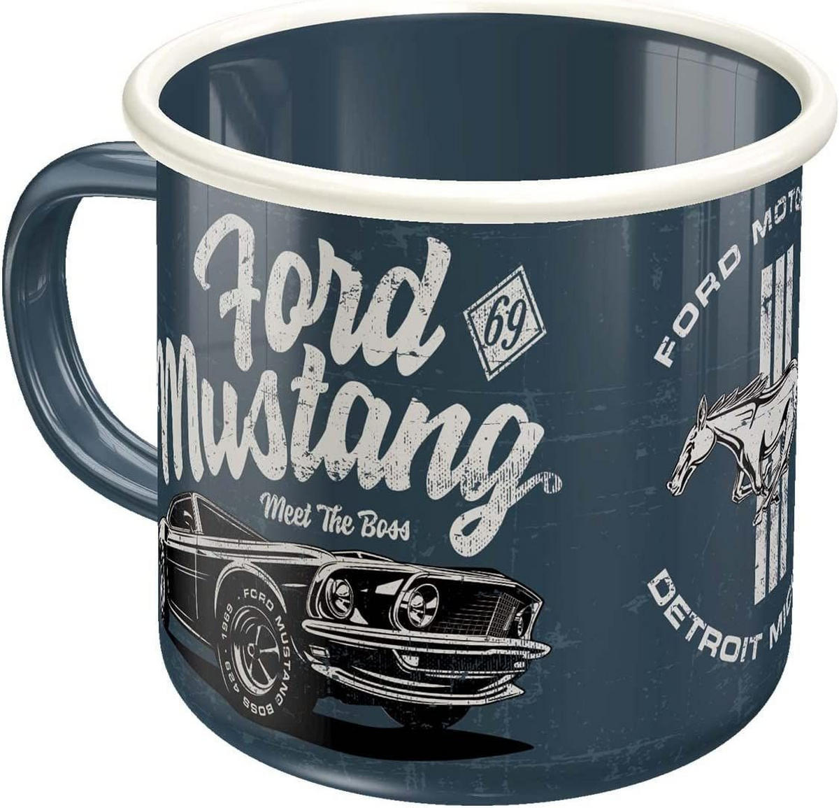 EMAILLE-BECHER 360 ml Ford Mustang The Boss - Blaugrau, Metall (0.36L) - Nostalgic-Art