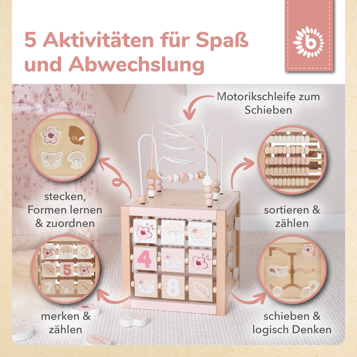 MOTORIKWÜRFEL Reh Ella XXL - Rosa, Holz (30/30cm) - Bieco Spielwaren