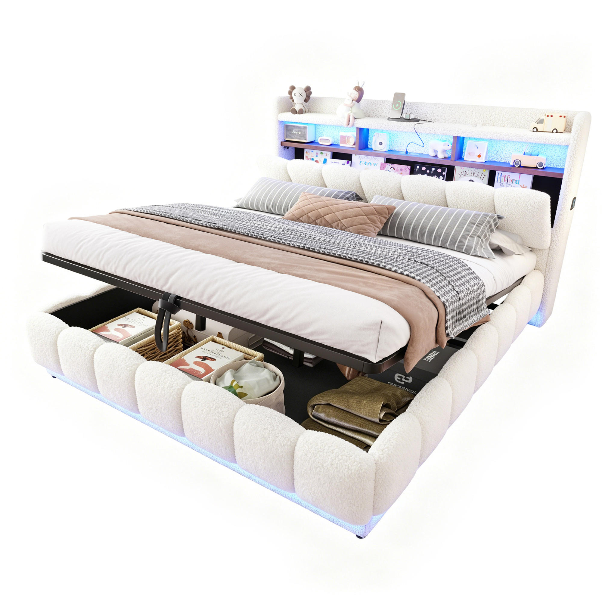 POLSTERBETT 180/200 cm in Weiß mit Bettkasten, LED, USB und Steckdose aus Boucle - Weiß, Textil/Metall (180/200cm) - STILVORA