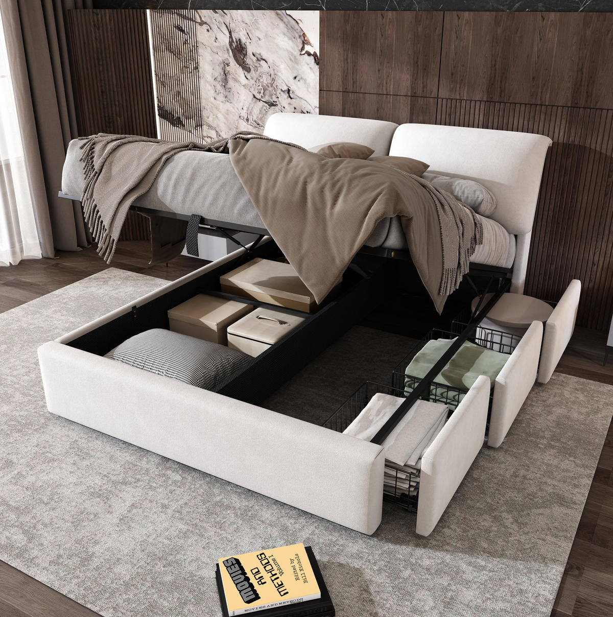POLSTERBETT 140/190 cm mit hydraulischem Bettkasten, 3 Schubladen und verstellbarem Kopfteil aus Samt, Beige - Beige, Textil (140/190cm) - Redom