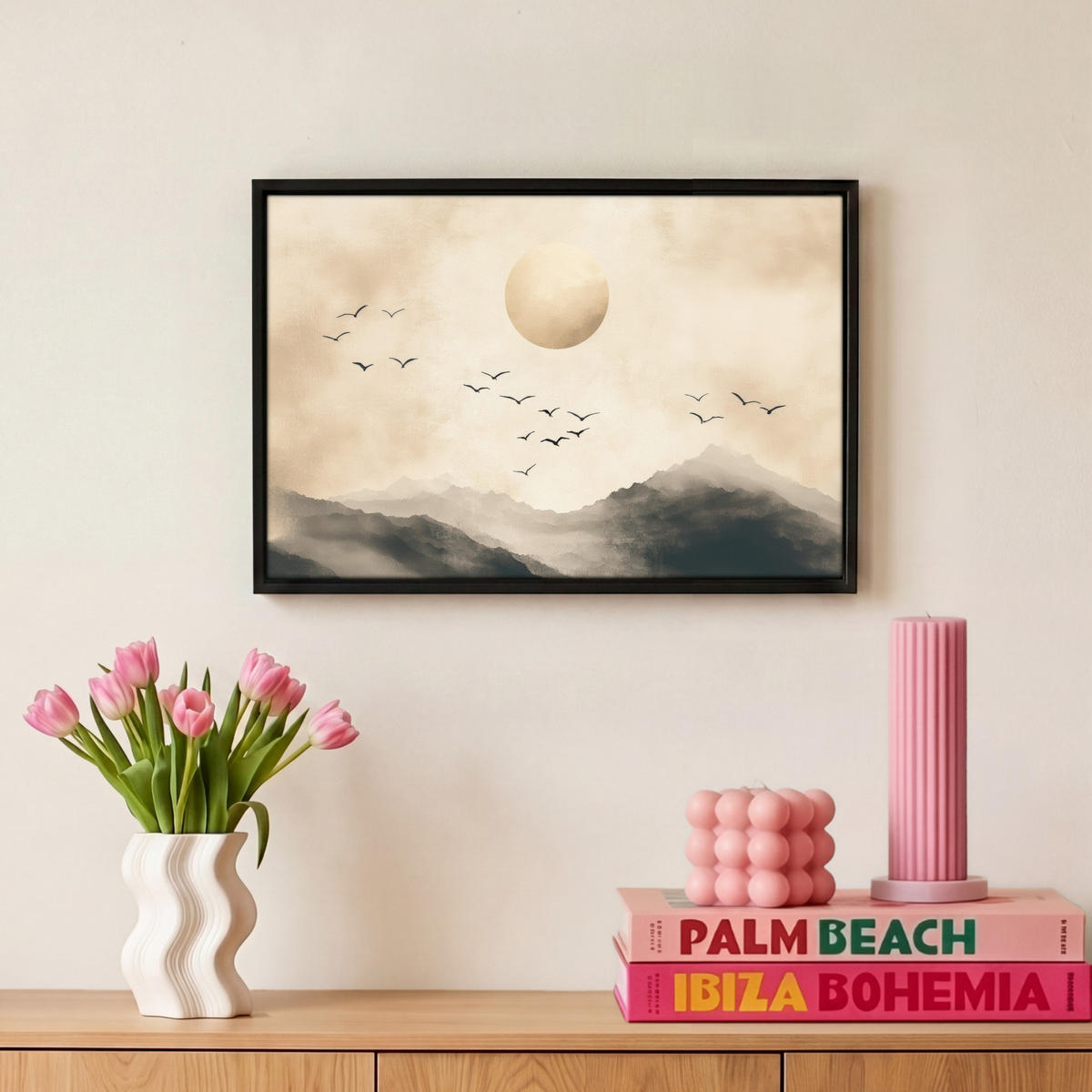 LEINWAND Bilder mit Rahmen - Landschaft - Japandi - Vogel - 30x20 - Beige, Textil (30/20cm) - MuchoWow
