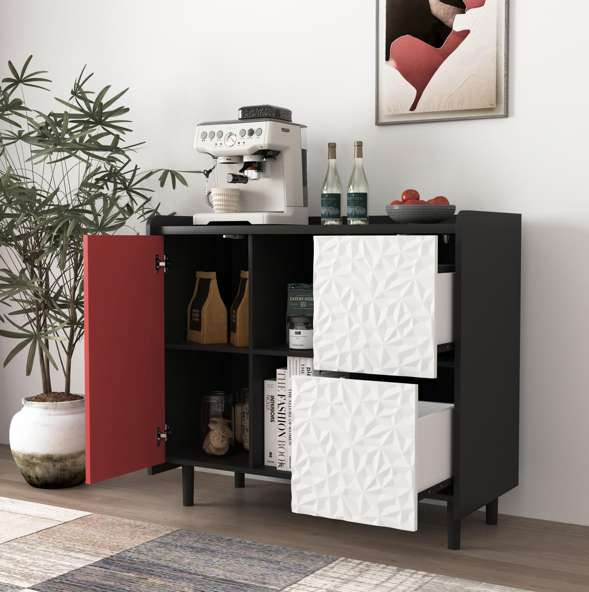 SIDEBOARD 90/40/80 cm mit 2 Schubladen & offenen Fächern in Schwarz/Rot - Rot, Holzwerkstoff (90/80/40cm) - BEAOK
