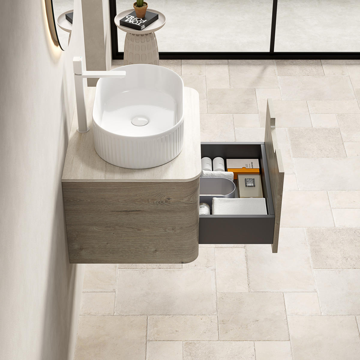 WASCHTISCHKOMBI 60x46x50.2cm Beige/Weiß mit ovalem Keramikbecken & Travertin-Arbeitsplatte - Creme, Keramik (60/50.2/46cm) - Modfu