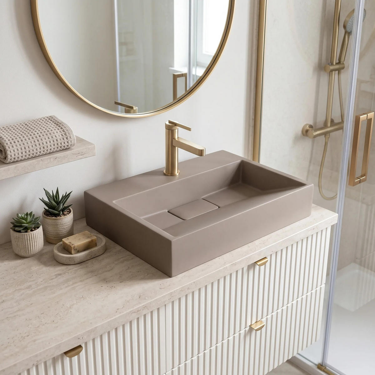 WASCHBECKEN Konglomerat Rea Goya Taupe 50cm - Beige, Keramik (37/14/50cm) - REA