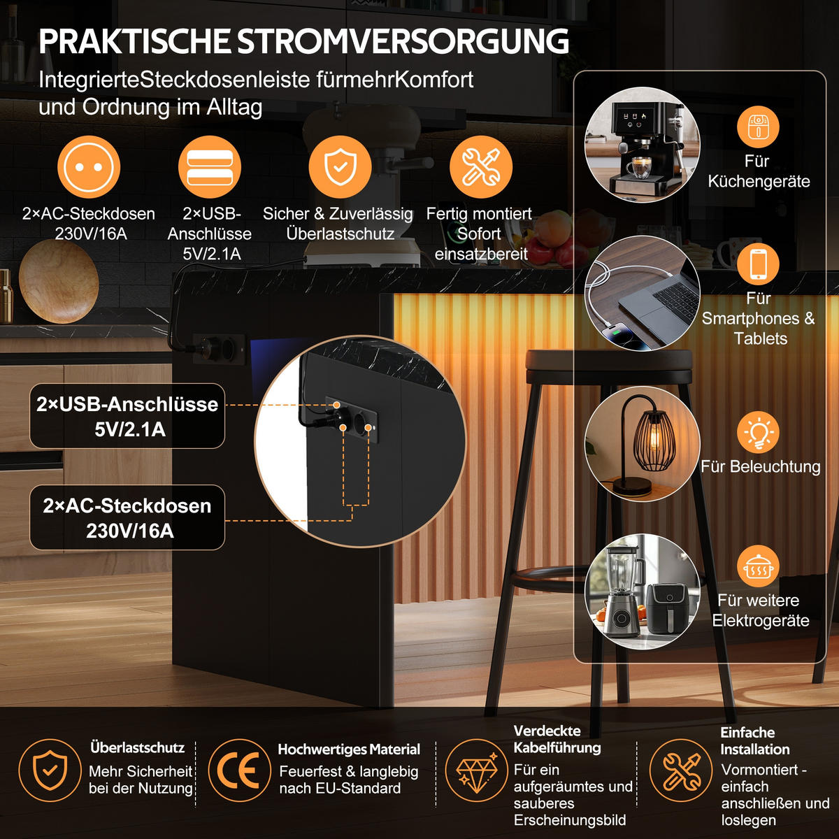 KÜCHENINSEL 155/80/90 cm Schwarz mit LED-Leuchten, 2 Steckdosen und 2 USB-Anschlüsse - Schwarz, Holz/Holzwerkstoff (80/90/155cm) - Oxeza