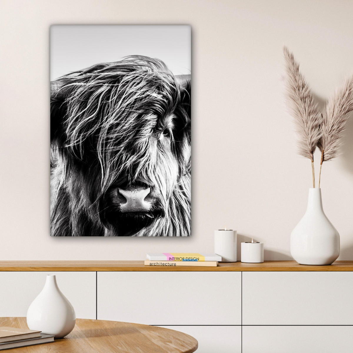 LEINWANDBILD Kuh - Schottischer Hochländer - Schwarz - Weiß - Tier - Natur - Wildtiere 40x60 cm - Schwarz, Textil (40/60cm) - MuchoWow