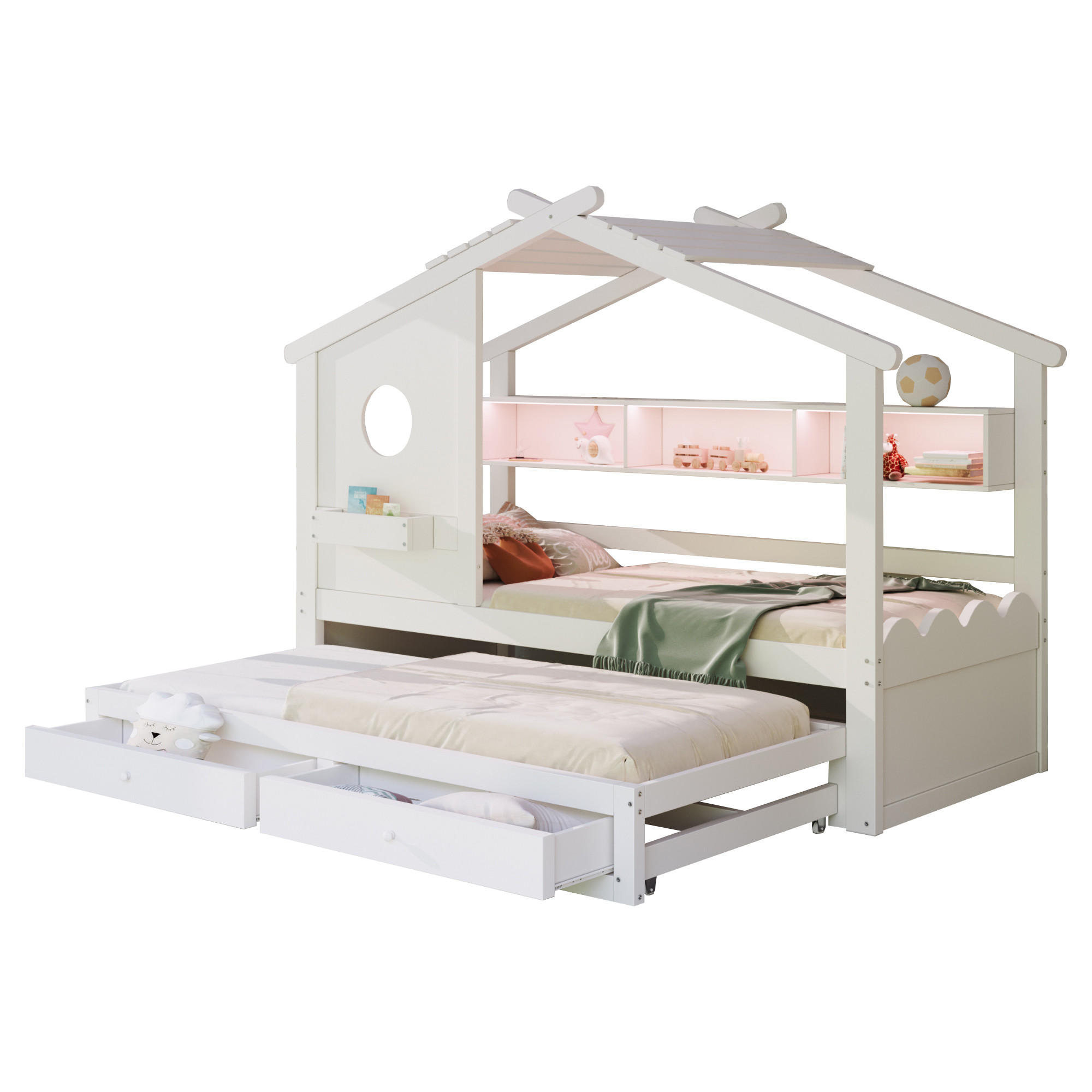 KINDERBETT 90x200 cm Rollbett LED weiß - Weiß, Holz (90/200cm) - LEBENLANG
