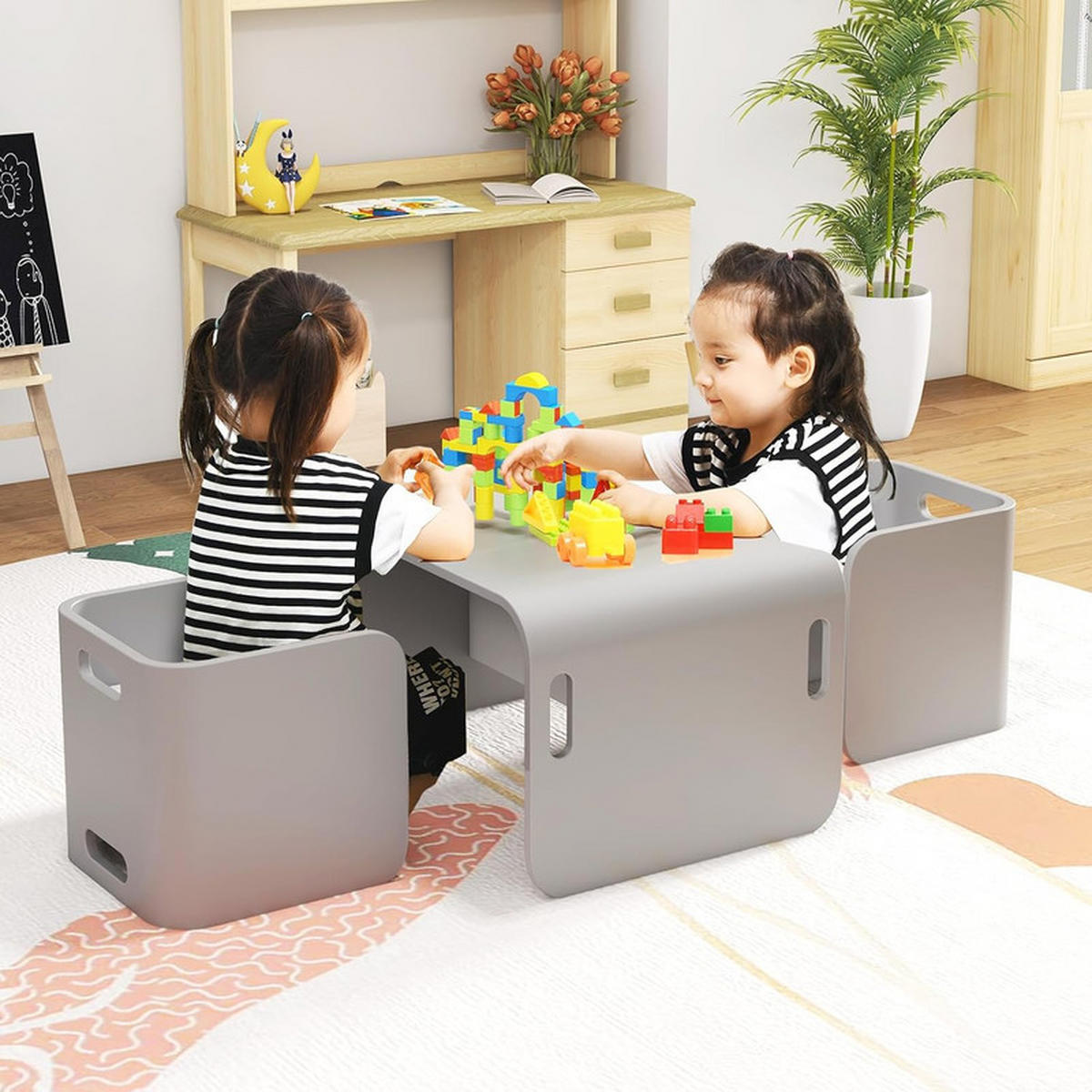 KINDERTISCH‑SET aus Birkenholz grau(3-tlg) - Grau, Holz (66/51/41cm) - COSTWAY