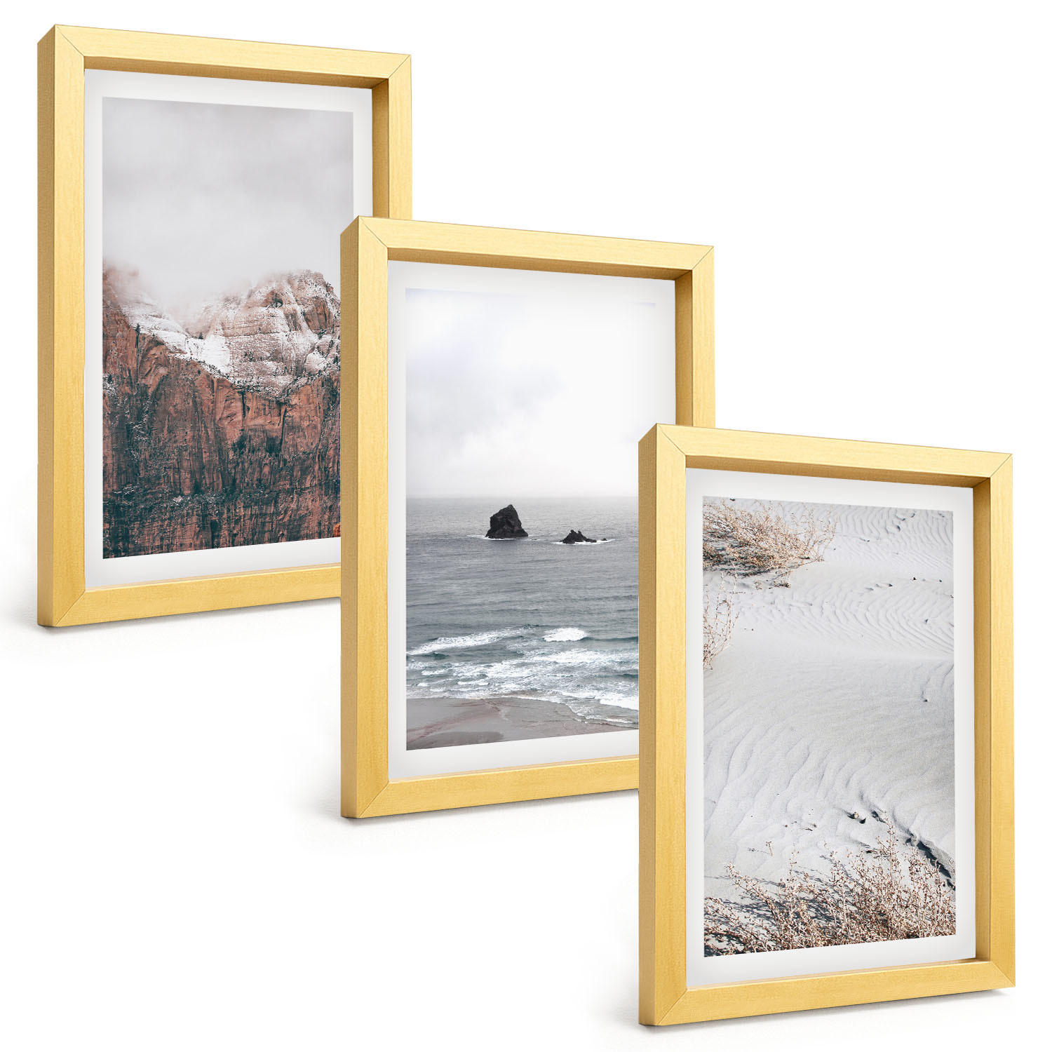 BILDER SET 3er Set - 20x30 cm Goldrahmen - Berge, Wolken, Meer, Sand, Natur - Goldfarben, Kunststoff (20/30cm) - TULUP