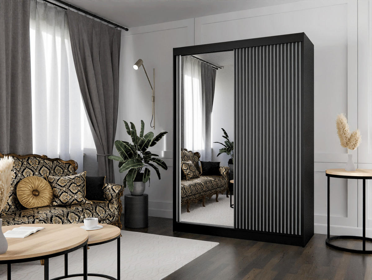 SCHWEBETÜRENSCHRANK Lili 120 cm mit Lamellen und Spiegel 2-türig, schwarz, weiß, Lamelle schwarz - Schwarz/Weiß, Kunststoff (120/215/61cm) - Margaret Hadas24