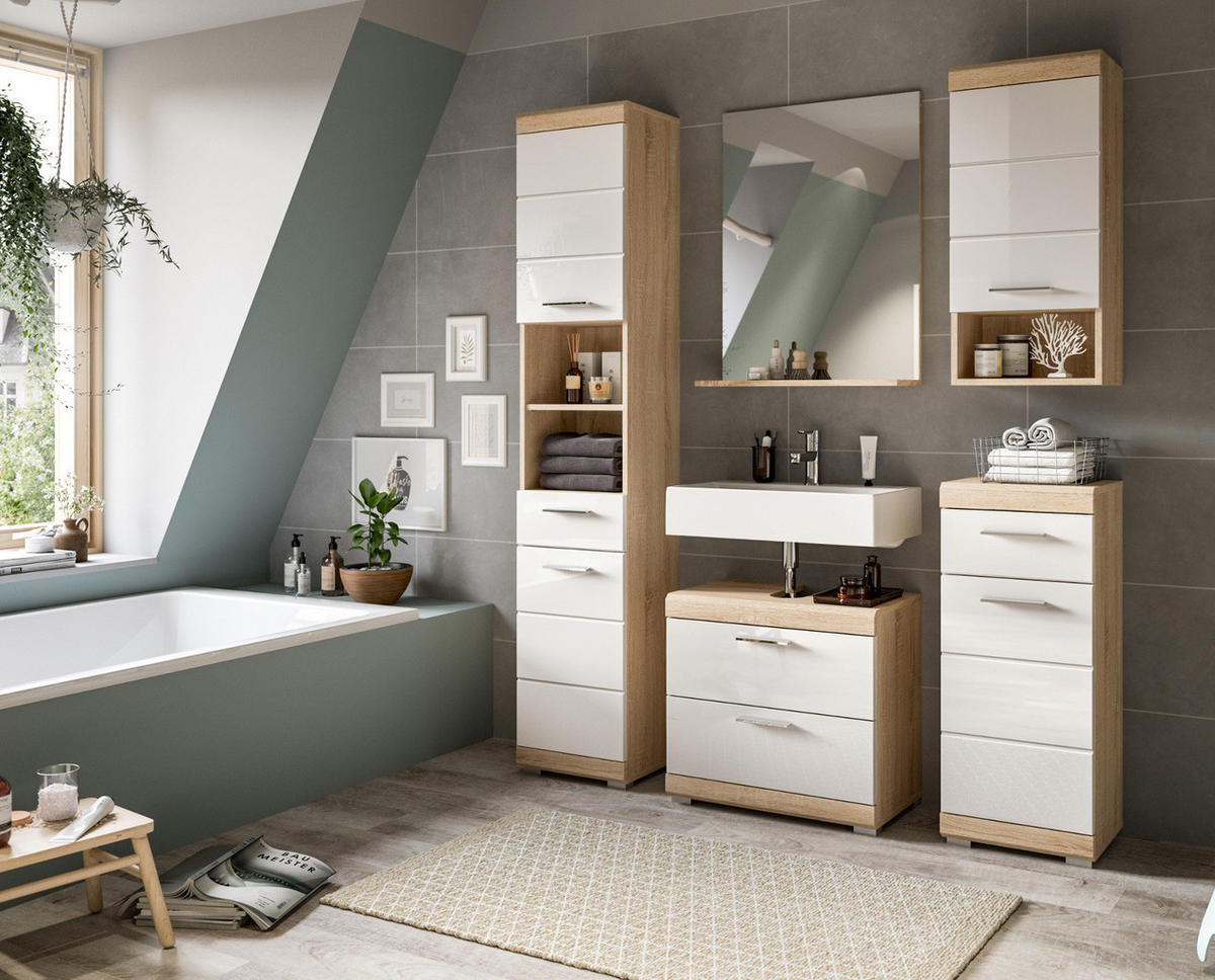 BADMÖBEL-SET weiß Hochglanz, Eiche 2-teilig 60 cm, mit Schubkästen - Weiß Hochglanz/Eichefarben, Holzwerkstoff (60/191/37cm) - Inn.Furn