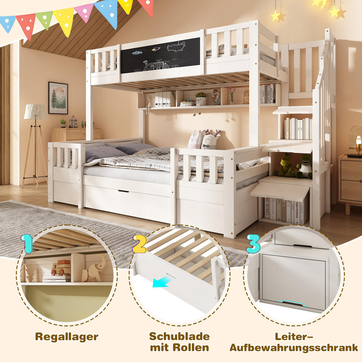 ETAGENBETT für 3 Kinder Weiß - Weiß, Holz (90/200cm) - ComfortXL