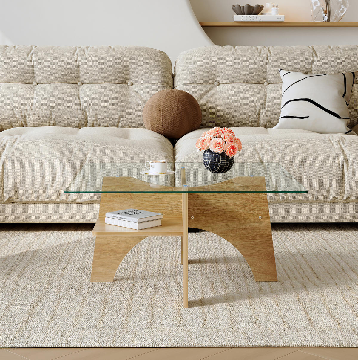 KLUBSKA miza 80/80/40 cm, MDF in varnostno steklo, prosojna/rjava - prozorna, steklo (80/80/40cm) - BEAOK