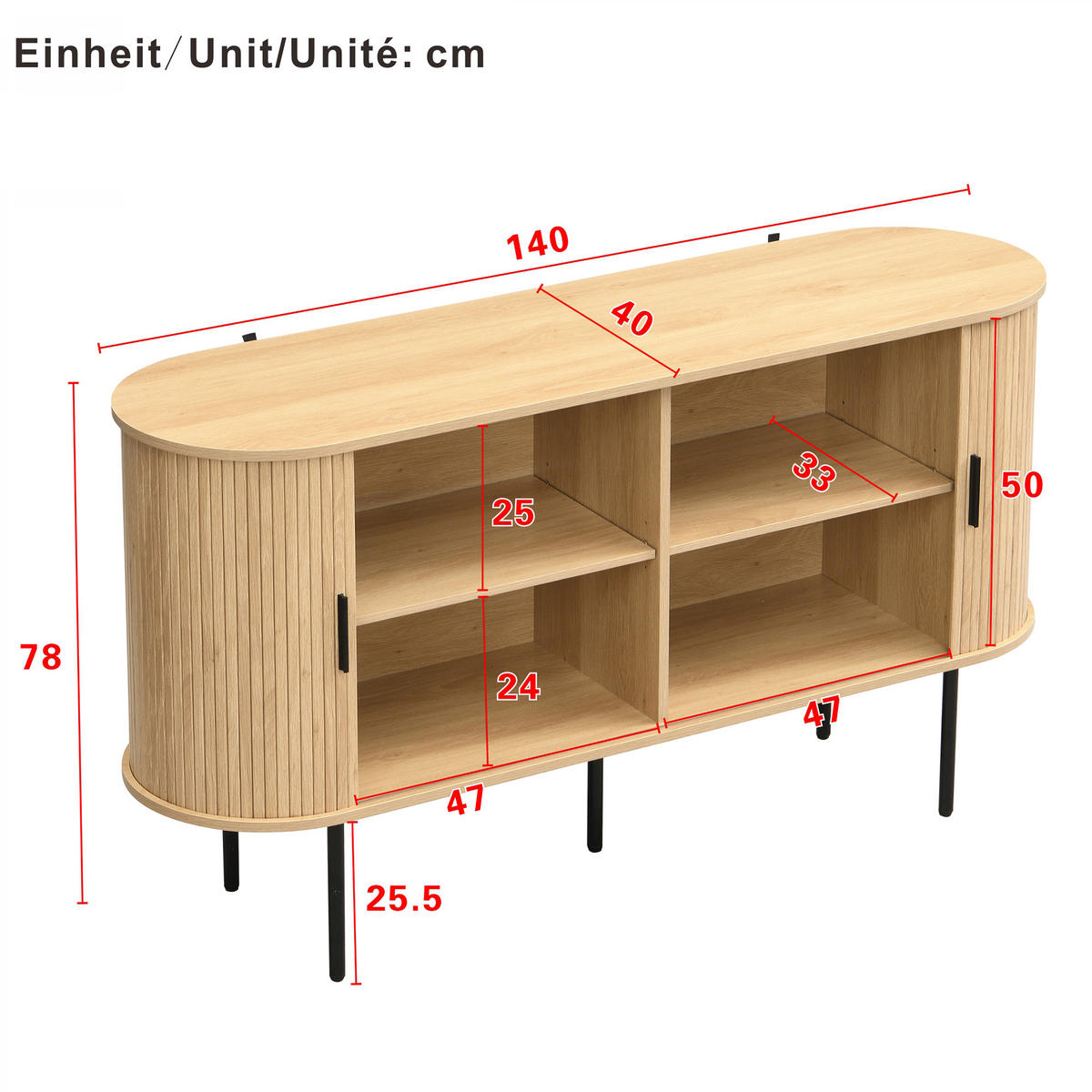 SIDEBOARD Rolltüren Metallbeine - Naturfarben, Holz (140/78/40cm) - Fortuna Lai