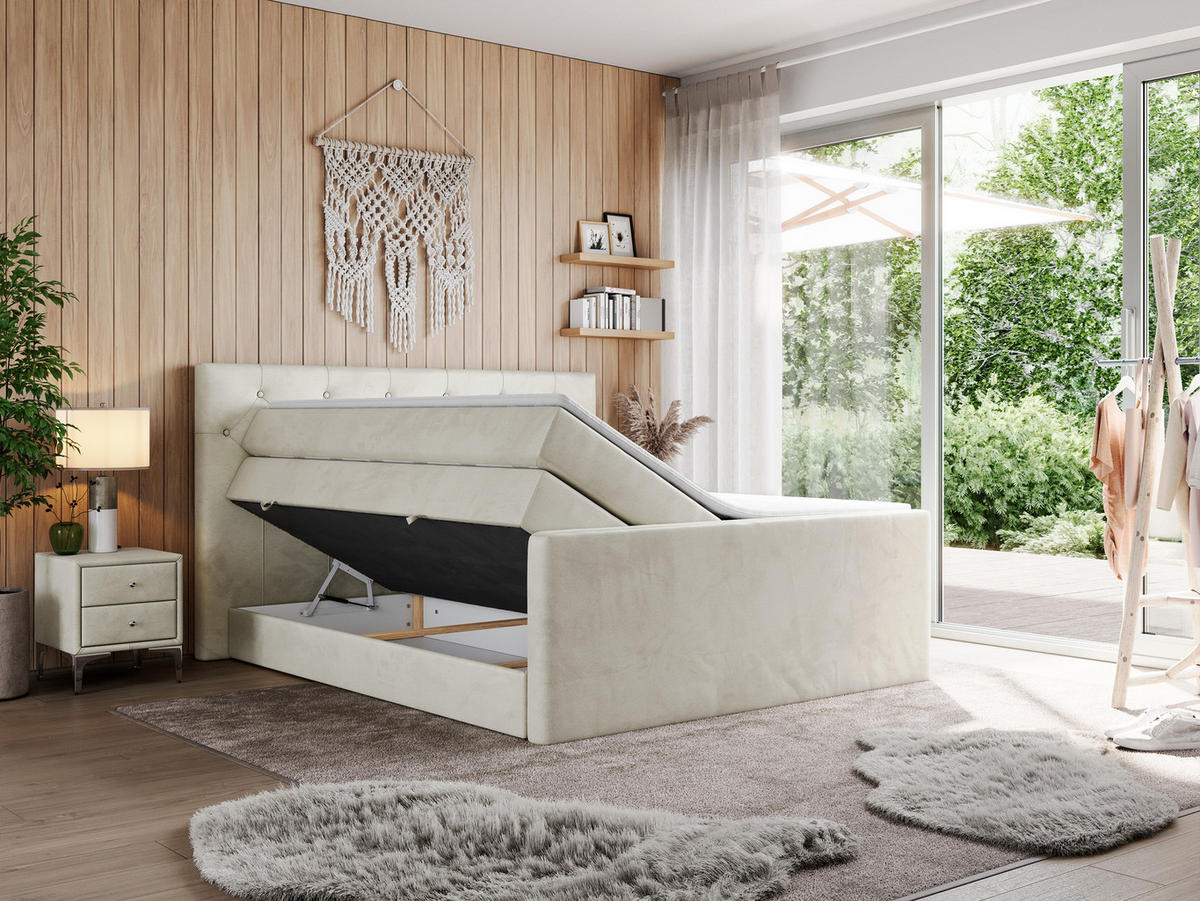 BOXSPRINGBETT KING VELEN 200/200 Beige Velvet - H4 - Beige, Holz/Textil (200/200cm) - MKS
