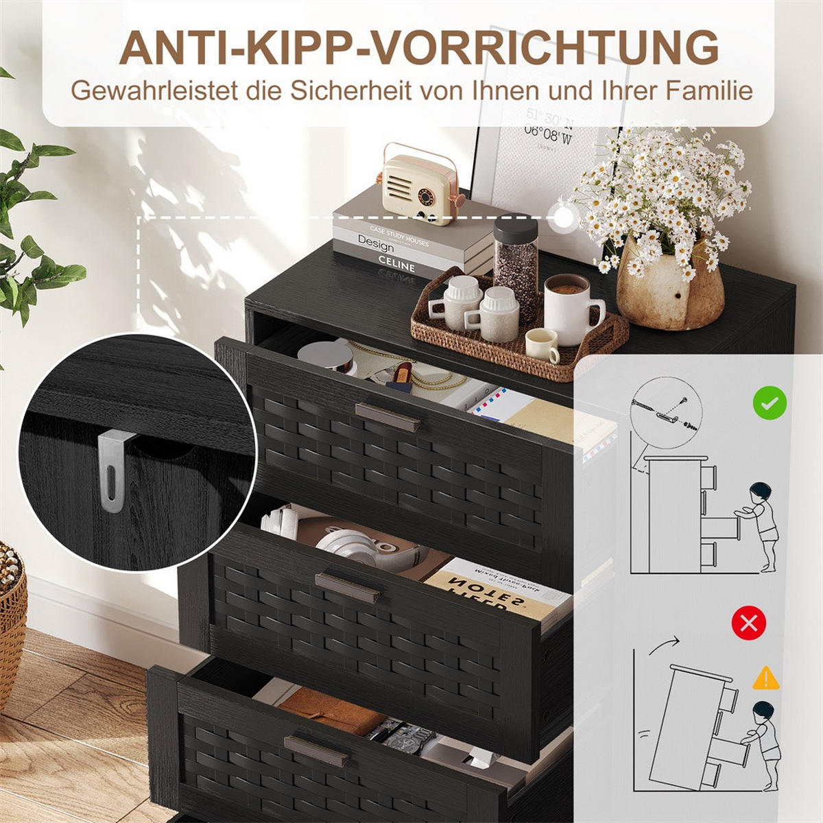 KOMMODE mit 4 Schubladen - pflegeleichtes PVC-Geflecht und zylindrische Beine - Schwarz - Schwarz, Holzwerkstoff (39.8/95/55cm) - DELFA