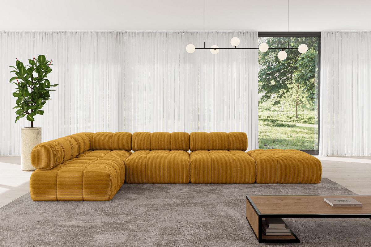 ECKSOFA modulares Sofa Favio-L2 - 380x190x70 cm Senfgelb Cord - Currygelb, Holzwerkstoff/Textil (380/190cm) - ALTDECOR