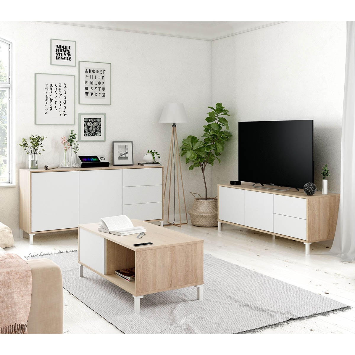 COUCHTISCH mit 2 Aufbewahrungsnischen Brooklyn - L100 cm - Weiß, Holzwerkstoff (50/100/40cm) - Calicosy