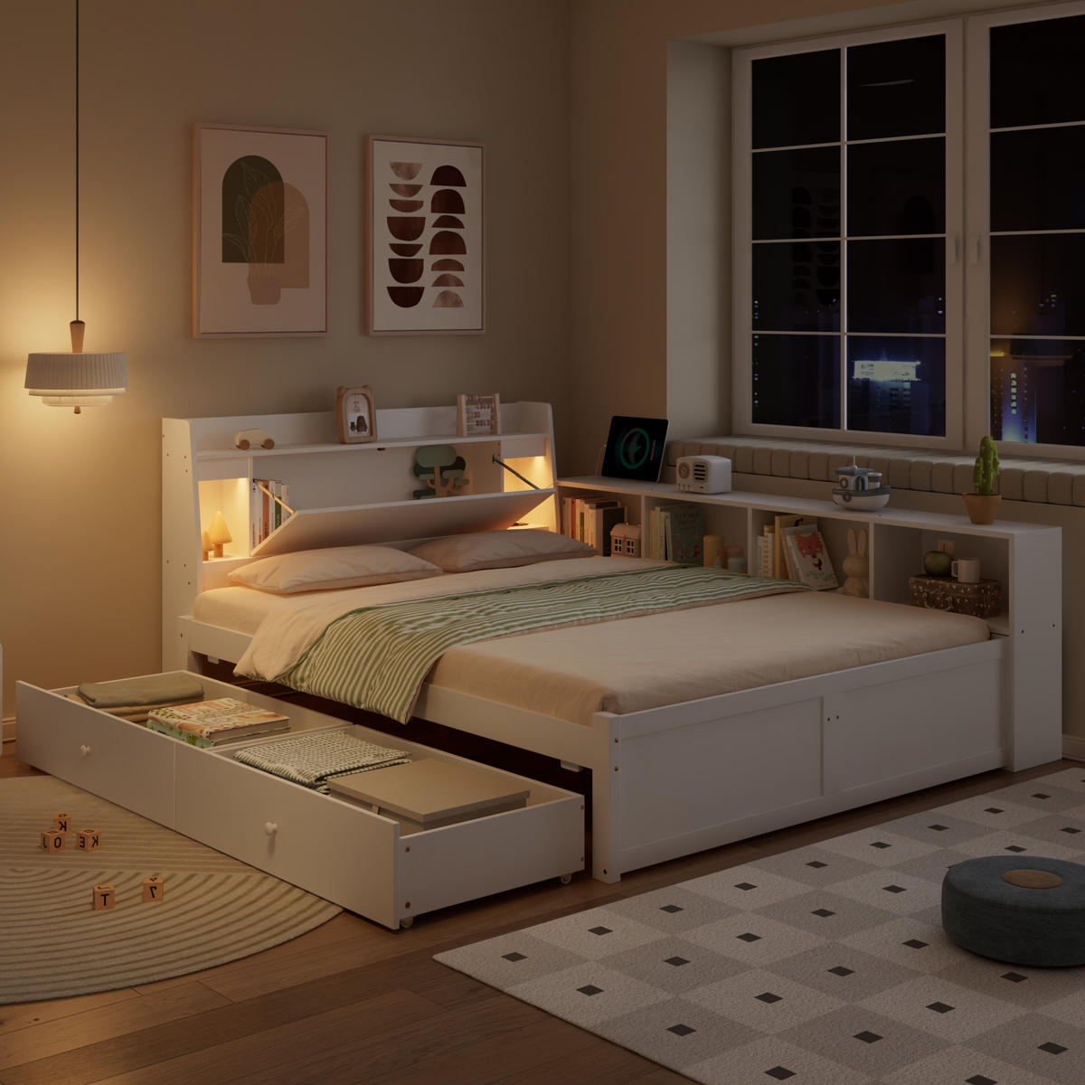 BETT 140x200 cm LED USB Schubladen weiß - Weiß, Holz (140/200cm) - LEBENLANG