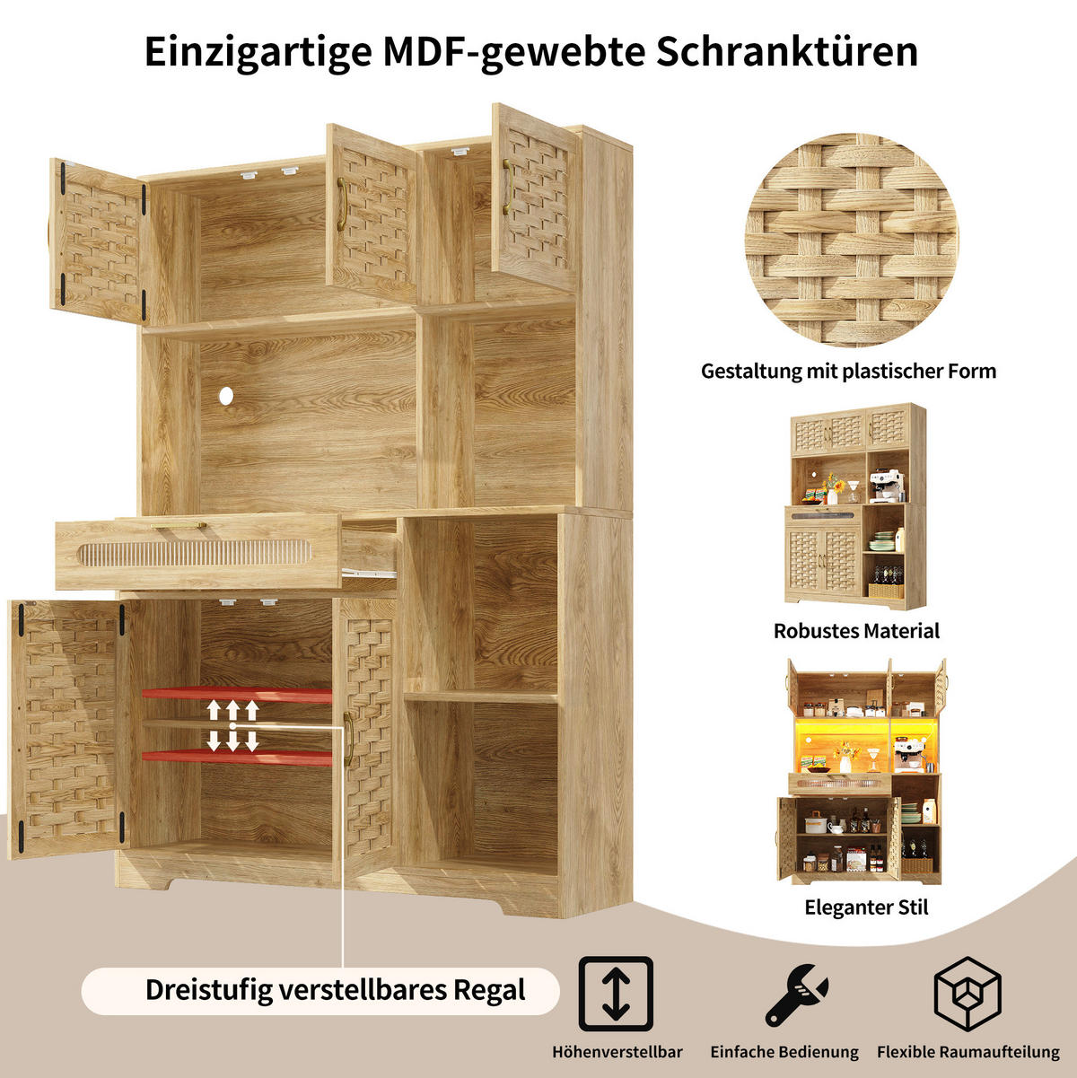 SKŘÍŇ na nádobí 120/40/180 cm přírodní MDF se sklem a LED osvětlením - přírodní, sklo (120/180/40cm) - BEAOK