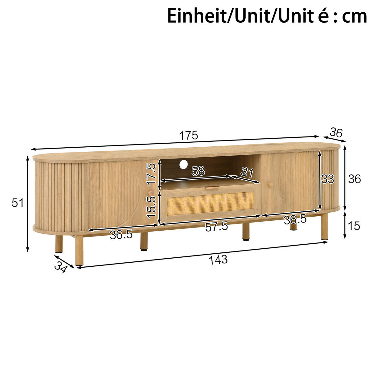 TV Lowboard 175 cm, Rattan-Schubladen, Metallfüße, Holz - Braun, Holz (175/51/36cm)