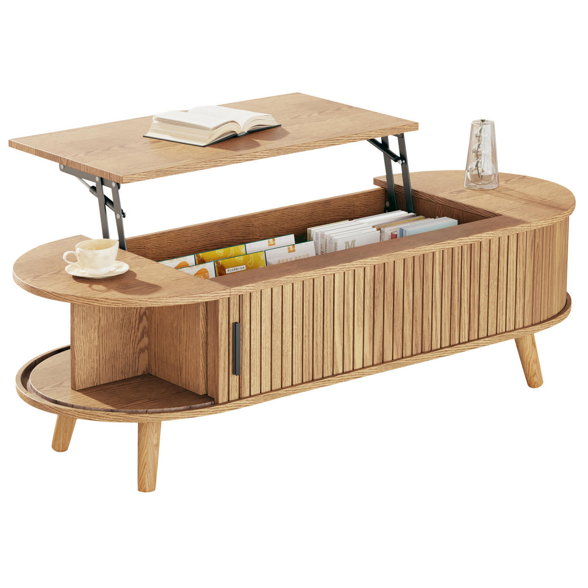 COUCHTISCH 120/50/39,5 cm höhenverstellbar aus MDF mit verstecktem Stauraum und Rollladentüren, Natur - Naturfarben, Holzwerkstoff (120/50/39.5cm) - Redom