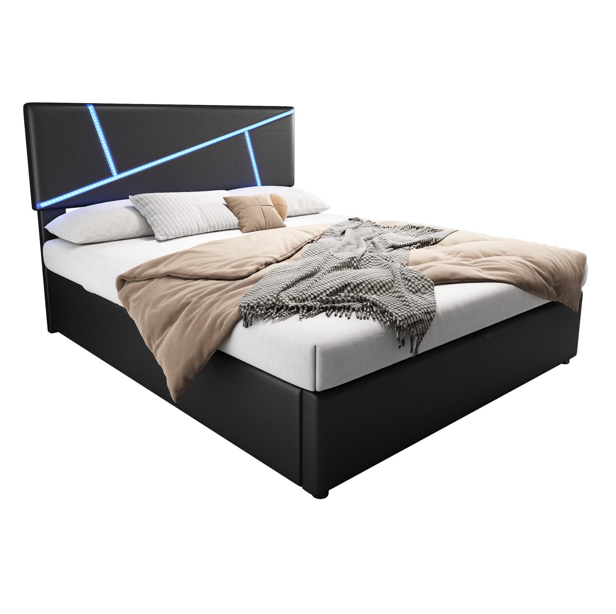 POLSTERBETT mit LED-Beleuchtung 90/200 cm mit Bettkasten und gepolstertem Kopfteil - Schwarz, Kunststoff (90/200cm) - BEAOK
