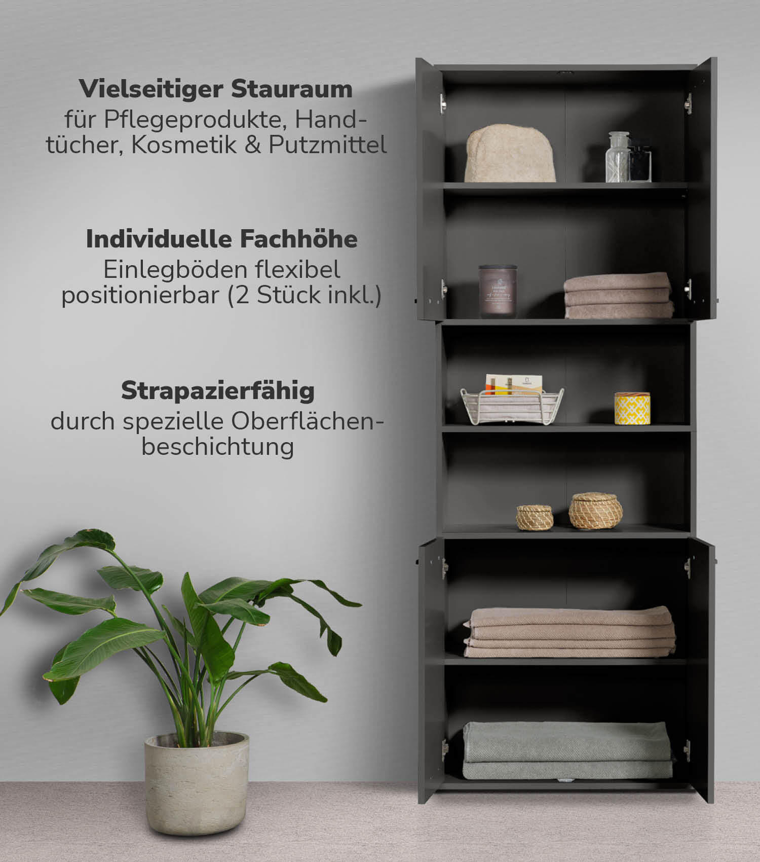 BAD HOCHSCHRANK Der Kapitän - Schwarz, Holzwerkstoff (65/180/34cm) - Mokebo