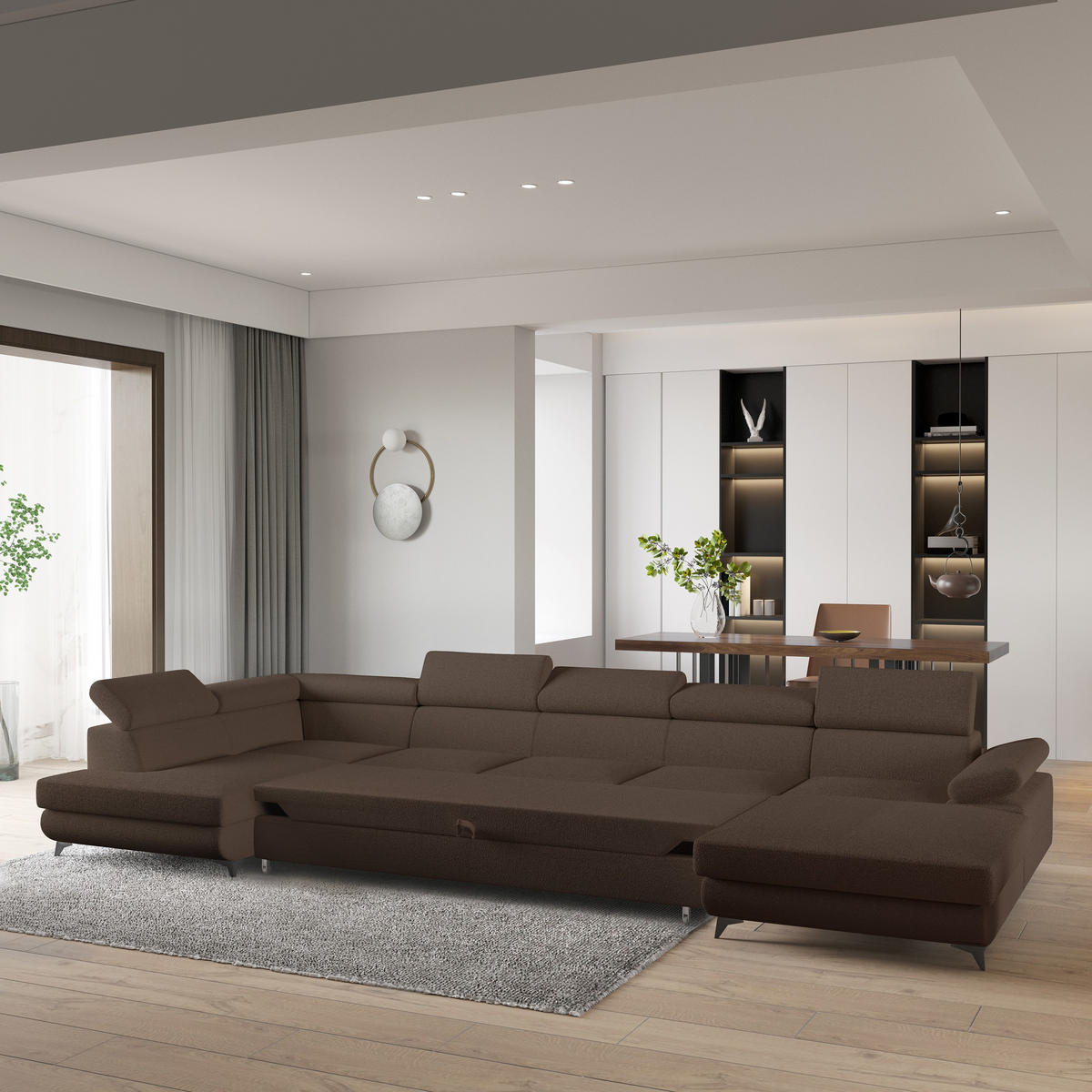 WOHNLANDSCHAFT MONTIVA Braun Boucle-Stoff mit Schlaffunktion - Braun, Holz (410/89/190cm) - MASSENO