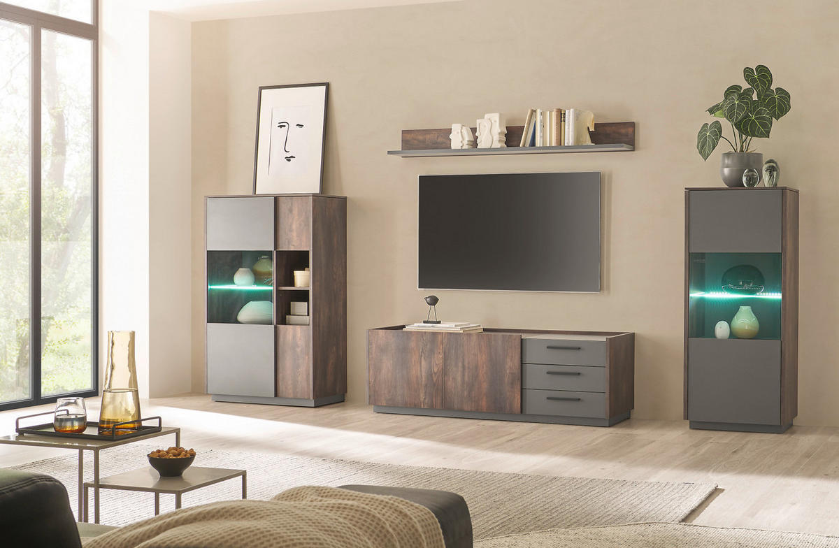 WOHNWAND Thermo Eiche, grau, Wohnkombination 4-teilig mit Soft-Close 327 x 200 cm - Eichefarben/Grau, Holzwerkstoff/Metall (327/200/45cm) - Furn.Design
