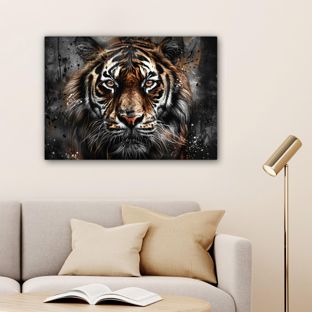 OBRAZ NA PLÁTNĚ Tygr - Zvířata - Portrét - Luxusní - Černá 80x60 cm - antracitová, textil (80/60cm) - MuchoWow