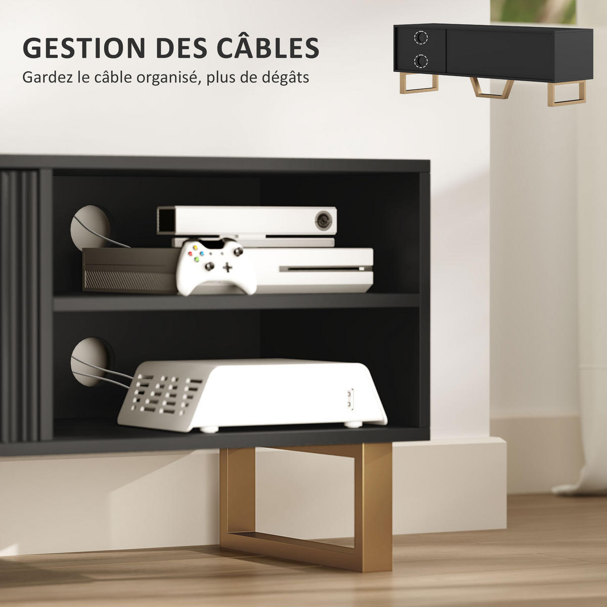 TV-LOWBOARD Holzoptik/Gold 140/39/47 cm, 2 geriffelte Türen, offene Fächer - Schwarz, Holzwerkstoff (140/47/39cm) - PANGIVO