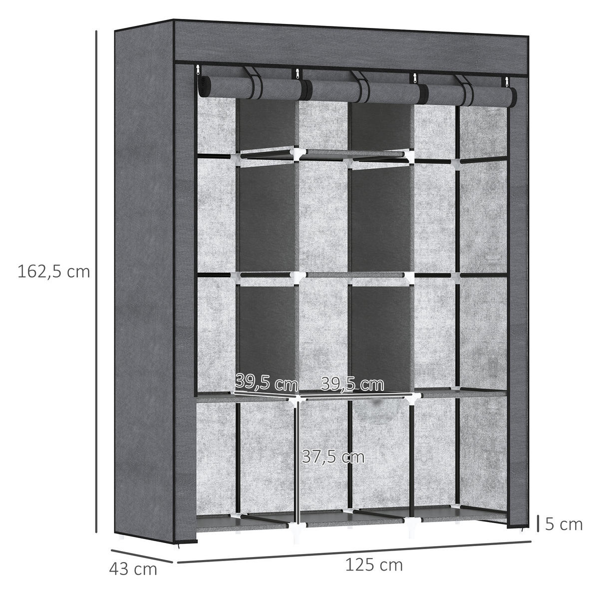 STOFFSCHRANK, 8 Ebenen, Dunkelgrau, 125 x 43 x 162,5 cm - Dunkelgrau, Metall (125/162.5/43cm) - HOMCOM