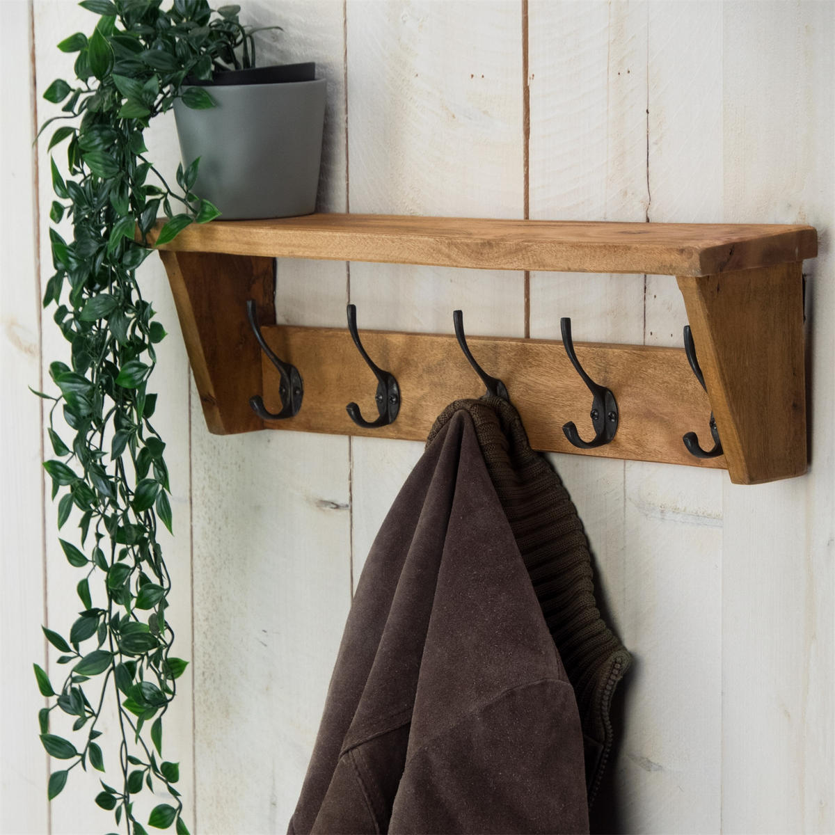 WANDGARDEROBE Gerda 50 Massivholz, mit 5 Haken und Ablage naturfarben - Naturfarben, Holz (50/14/10cm) - CREEDWOOD