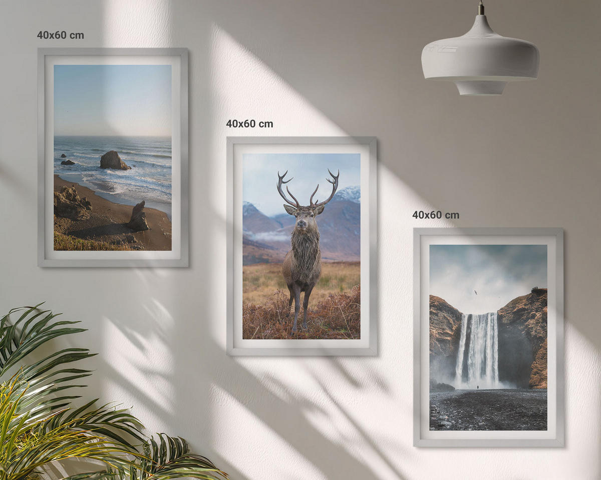 WANDBILDER 3er Set - 40x60 cm Silberner Rahmen - Berglandschaften mit einem Wasserfall - Silberfarben, Kunststoff (40/60cm) - ArtPrintCave