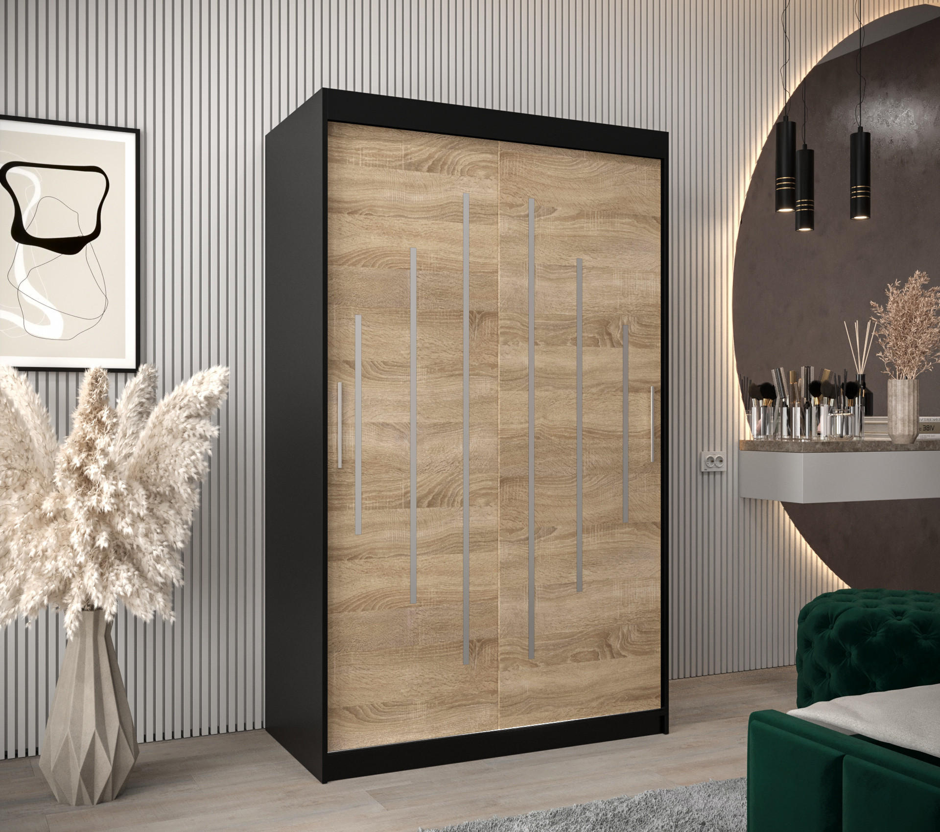 SCHWEBETÜRENSCHRANK 200/120/62 2-türig - Silberfarben/Schwarz, Holz/Kunststoff (120/200/62cm) - Abiks Möbel