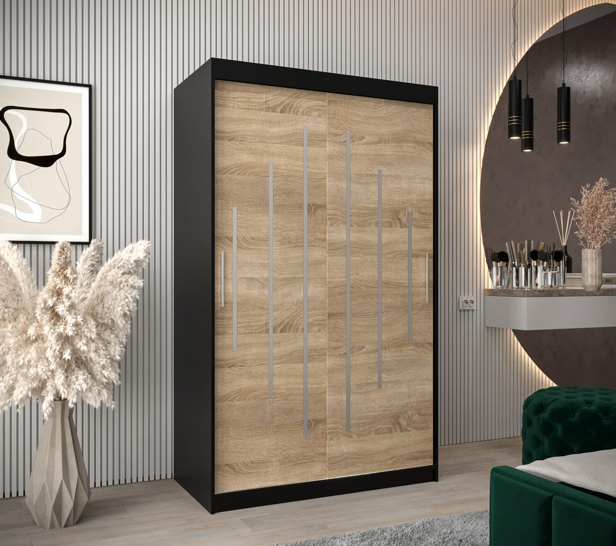 SCHWEBETÜRENSCHRANK 200/120/62 2-türig - Silberfarben/Schwarz, Holz/Kunststoff (120/200/62cm) - Abiks Möbel