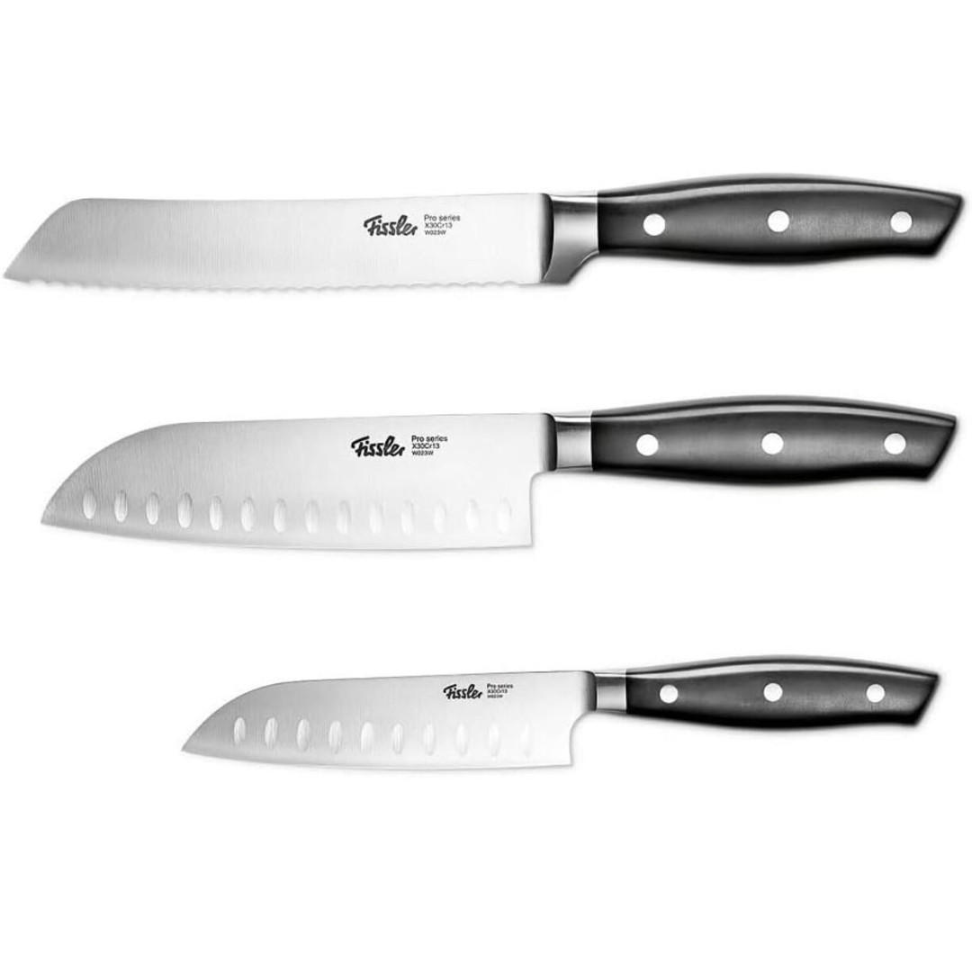 MESSERSET 3-tlg -Profi- Küchenmesser Set mit Santokumesser 130mm & 165mm, Brotmesser 180 mm, Edelstahl, Kullenschliff, Kochmesser - Silberfarben/Schwarz, Kunststoff/Metall - Fissler