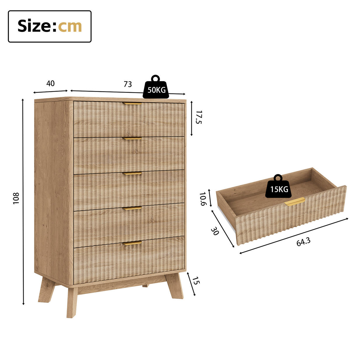 KOMMODE Wellen-Design mit 5 Schubladen 73/40/108 cm Eiche-Dekor - Eichefarben, Holzwerkstoff (73/108/40cm) - Creahappy