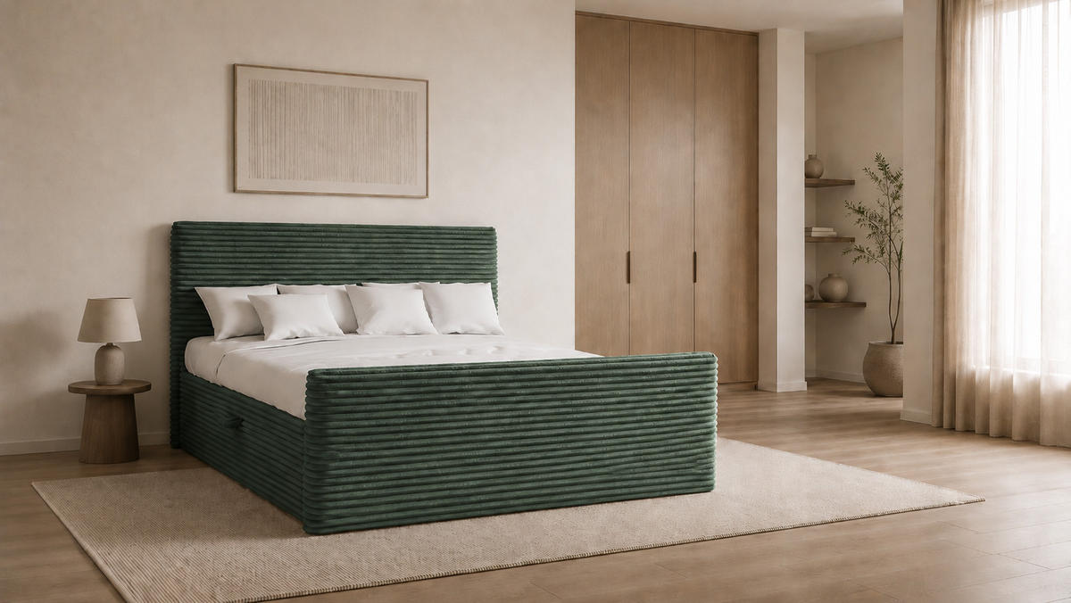 BOXBETT Mit Bettkasten Und Topper TRENTO Stoff Plüsch Cord 160x200 cm Grün H2-Pocket - Grün, Holz/Textil (160/200cm) - Kaiser Möbel