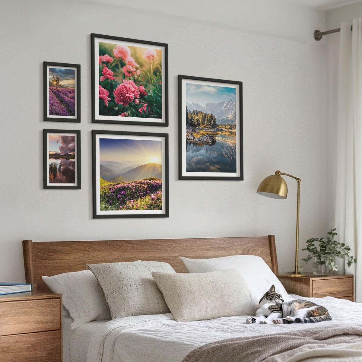 BILDER SET 5er Set - 50x50 cm & 20x30 cm & 40x60 cm Schwarzer Rahmen - Blumengarten, Bergwiese, Wasser - Schwarz, Kunststoff (40/60cm) - TULUP