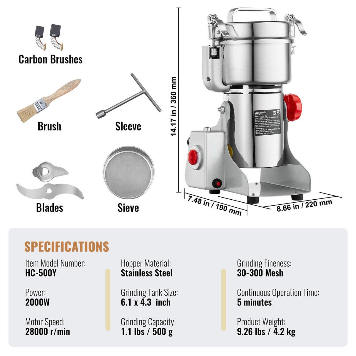 GETREIDEMUHLE Elektrische 500g, 270 GRAD SCHWENKBAR für trockene Lebensmittel - Silberfarben, Metall (24/28.01/42.01cm) - Rolipo