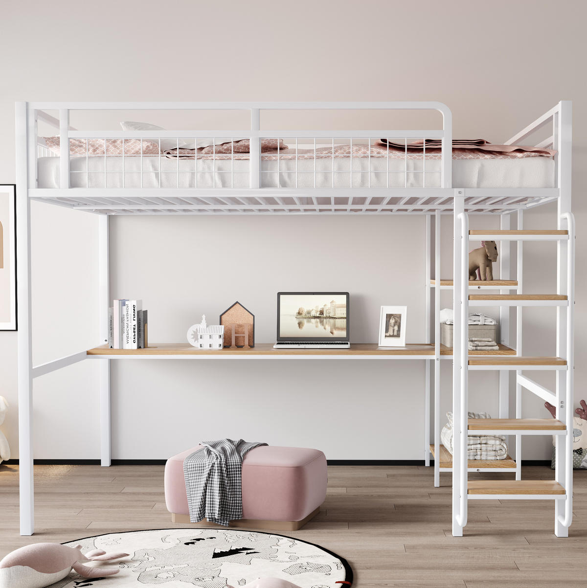 HOCHBETT 140/200 cm Weiß aus MDF und Metall mit Tisch und Regal - Weiß, Metall (140/200cm) - OKMYHOME