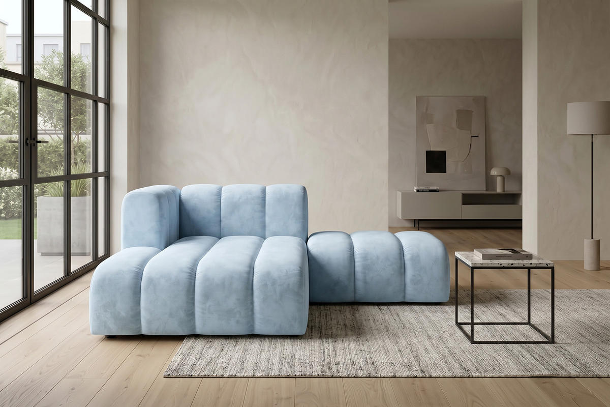 CHAISELONGUE Modulare Mit Hocker, Velvet-Stoff Riviera, Babyblau, Links, GRAND - Hellblau, Holz (204/179cm) - Kaiser Möbel