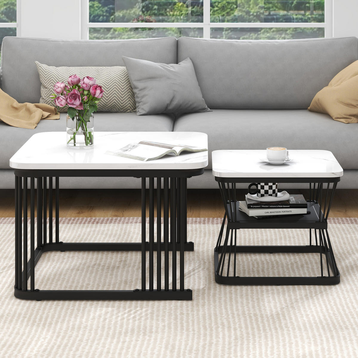 COUCHTISCH 65/45 cm weiß aus MDF in Marmoroptik mit Stahlgestell - Weiß, Holzwerkstoff (65/65/45cm) - OKMYHOME
