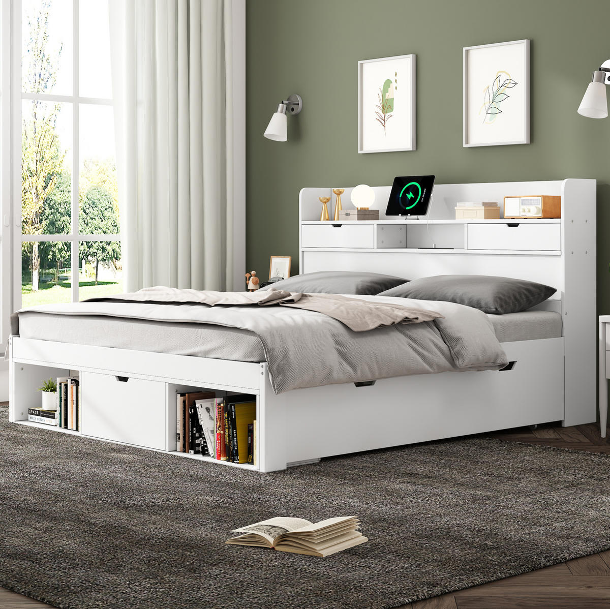 JUGENDBETT 160/200 cm mit USB-Anschluss, Typ-C und großem Stauraum aus Kiefernholz, Weiß - Weiß, Holzwerkstoff (160/200cm) - Redom