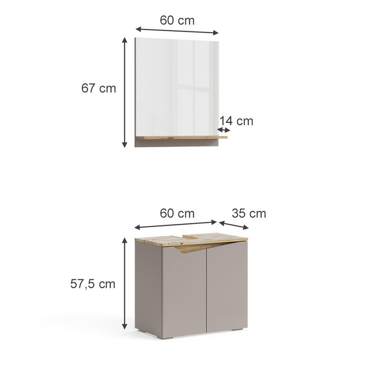 BADMÖBEL-SET Marelle Greige 2 Teile - Greige, Holzwerkstoff (60/57/35cm) - Vicco