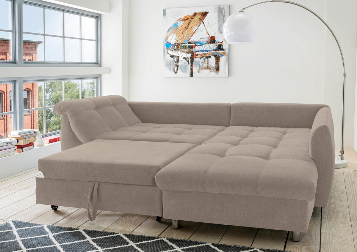 ECKSOFA mit Schlaffunktion, Bettkasten, Wellenunterfederung, Ottomane rechts B250/T190/H84 cm, Liegefl. 179x190 cm, Mikrofaser Hellbraun / 17009 - Hellbraun/Chromfarben, Textil/Metall (250/190cm) - luma-home