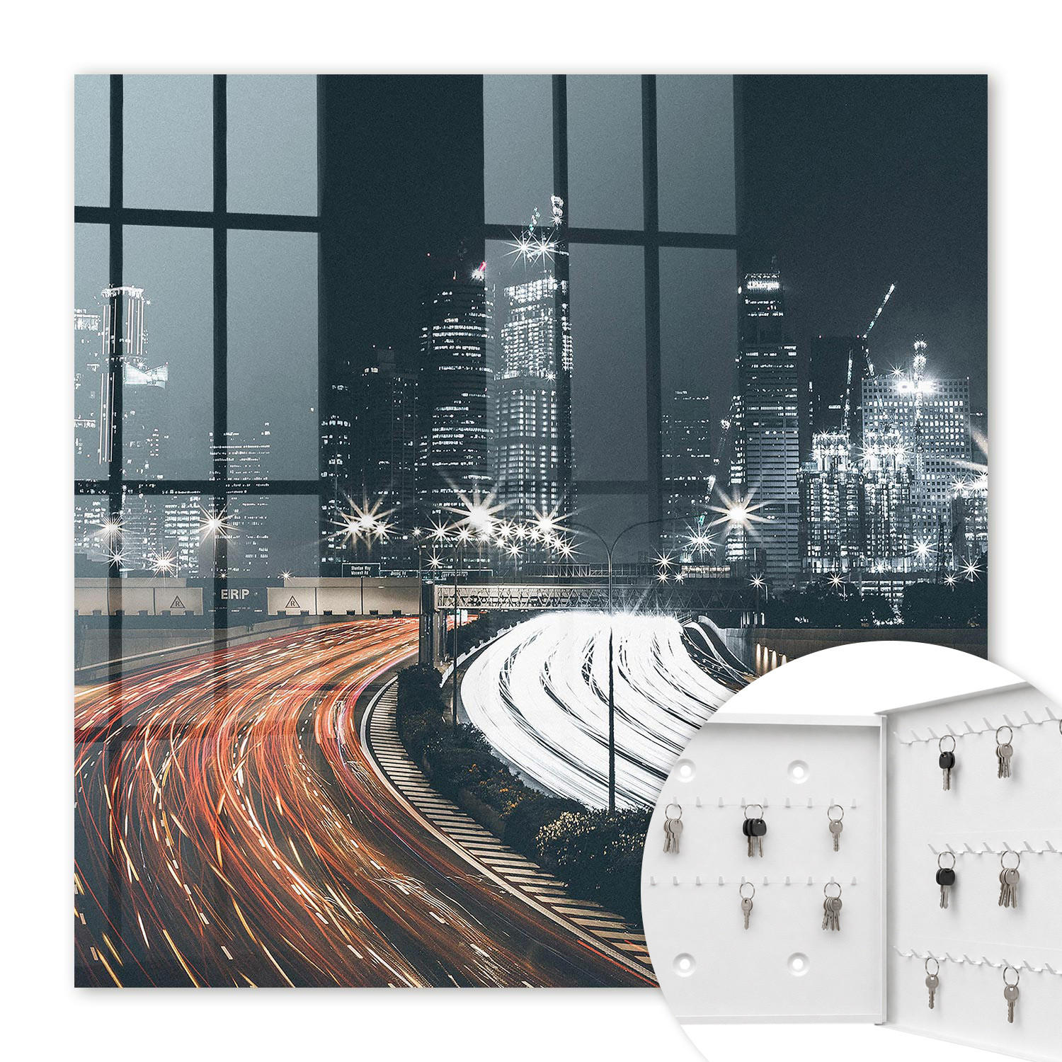 SCHLÜSSELBOX Weiß 30x30 cm – Türöffnung nach rechts - Stadt bei Nacht - Schwarz, Metall (30/30/5cm) - TULUP