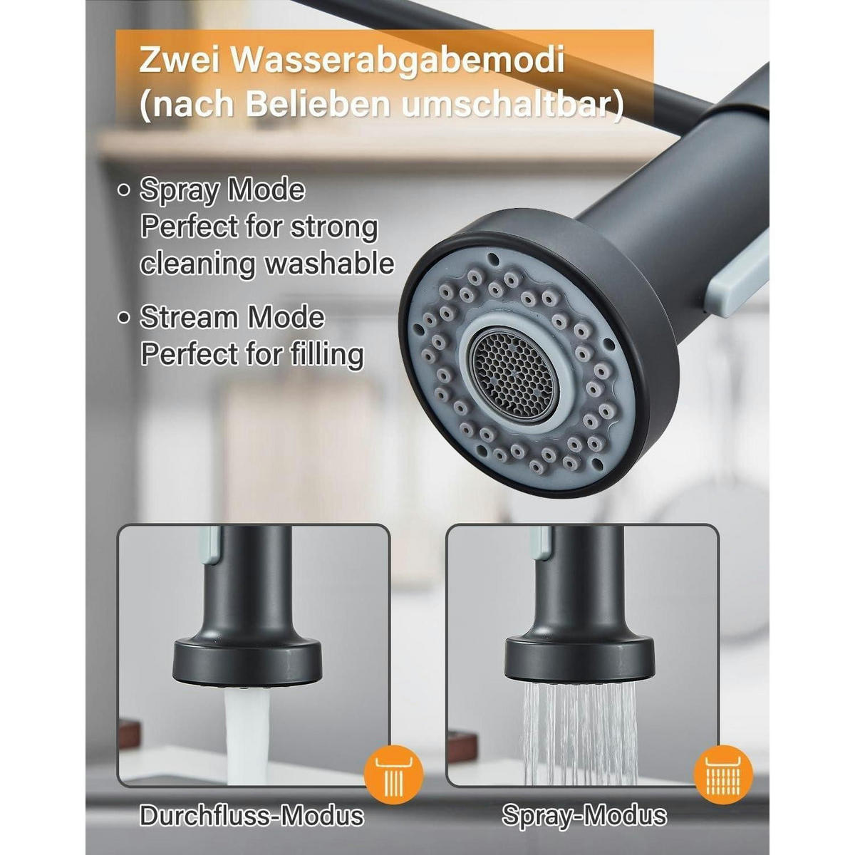 KÜCHENARMATUR mit ausziehbarer Brause und 360° Schwenkbereich in Schwarz - Schwarz, Metall (6/44/27cm)
